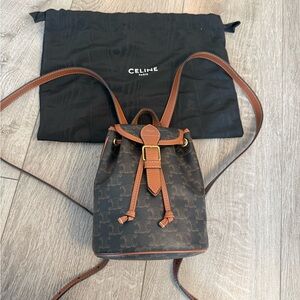 Authentic  Celine Triomphe Canvas Calfskin Mini Folco Backpack Tan